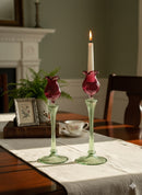 Handblown Ball Shape Tulip Swirl Candle Stick Holders Red/Green Set of 2