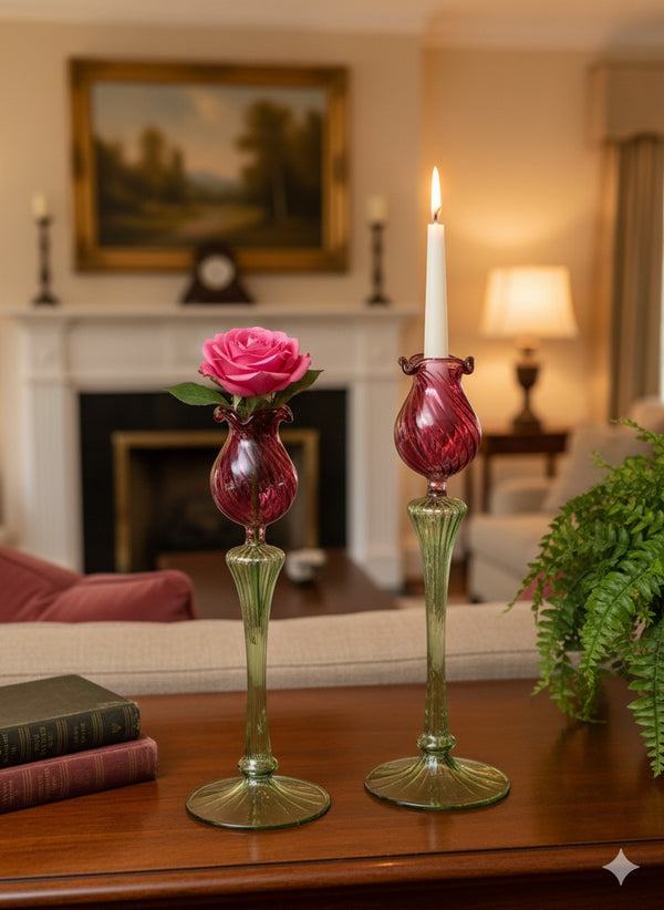 Handblown Ball Shape Tulip Swirl Candle Stick Holders Red/Green Set of 2