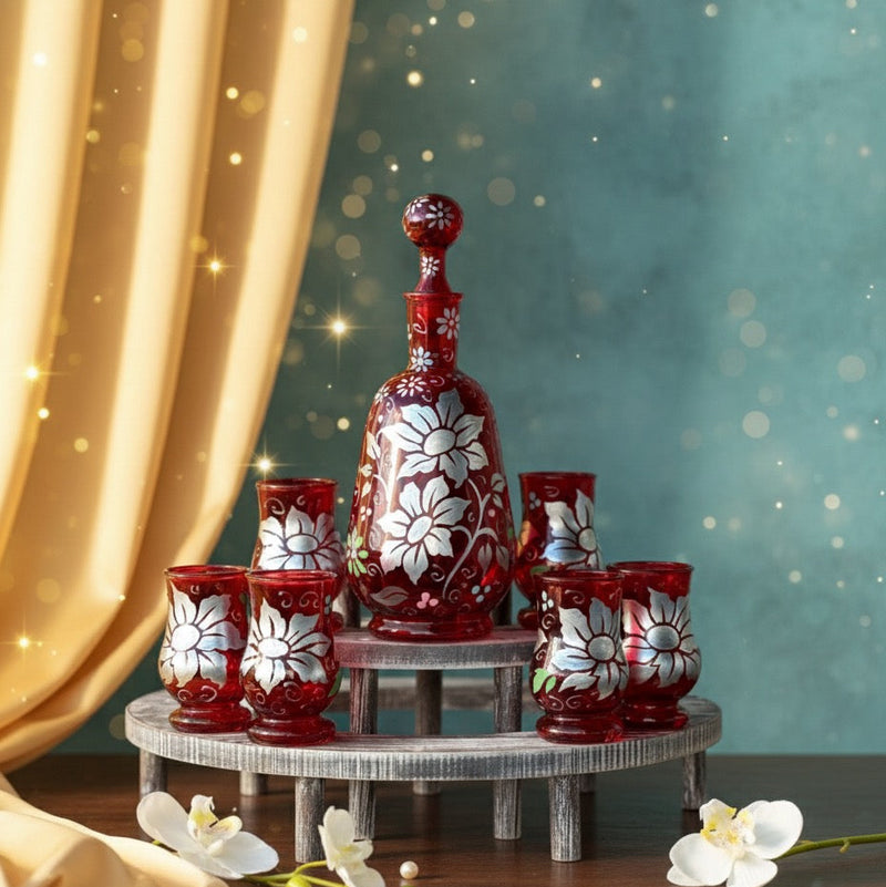 Red floral decanter set with glasses on a wooden stand against a teal curtain.