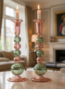 Handblown Tall Swirl Bubble Candle Holders - Set of 2 Pink/Green
