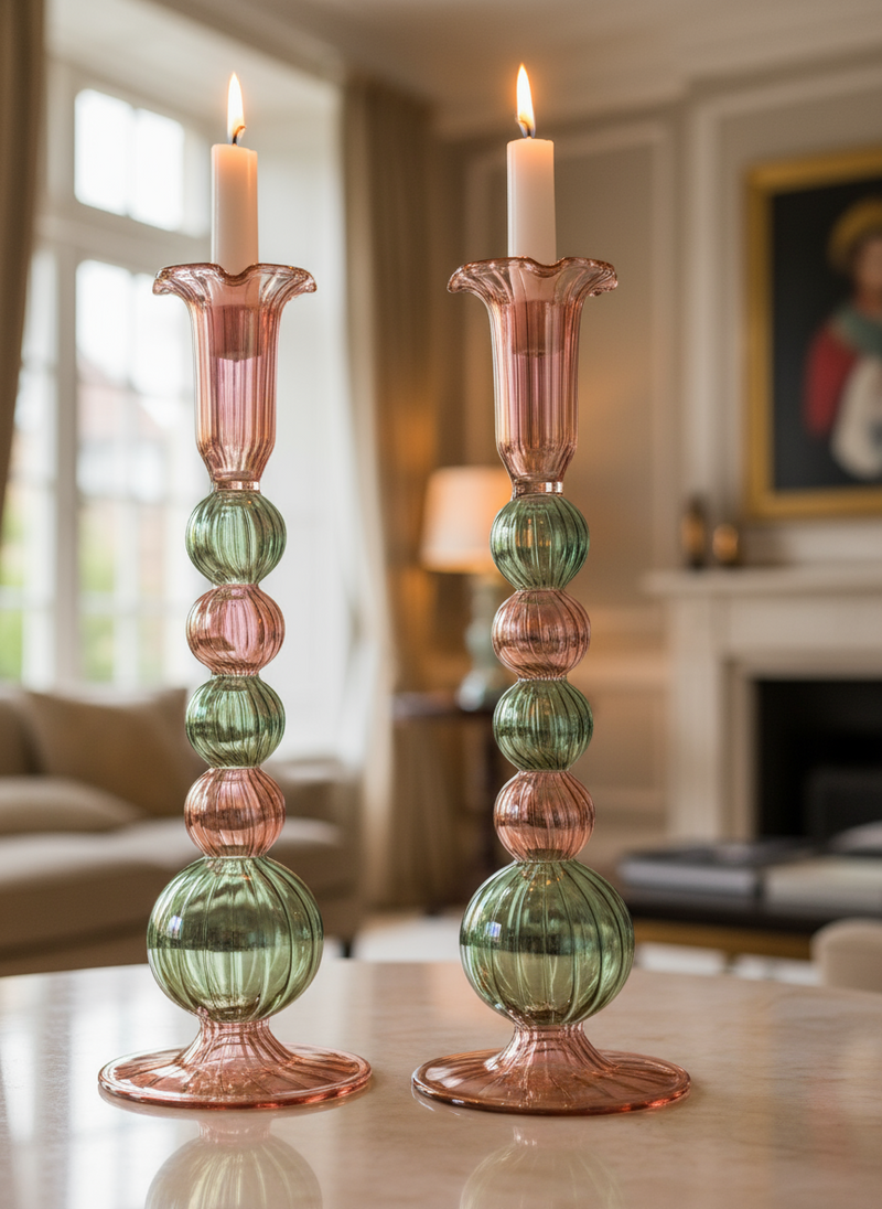 Handblown Tall Swirl Bubble Candle Holders - Set of 2 Pink/Green