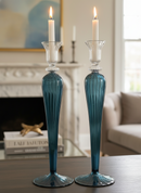 Handblown Elegant Swirl Glass Candle Holder - Set of 2 Clear/Iridescent Blue