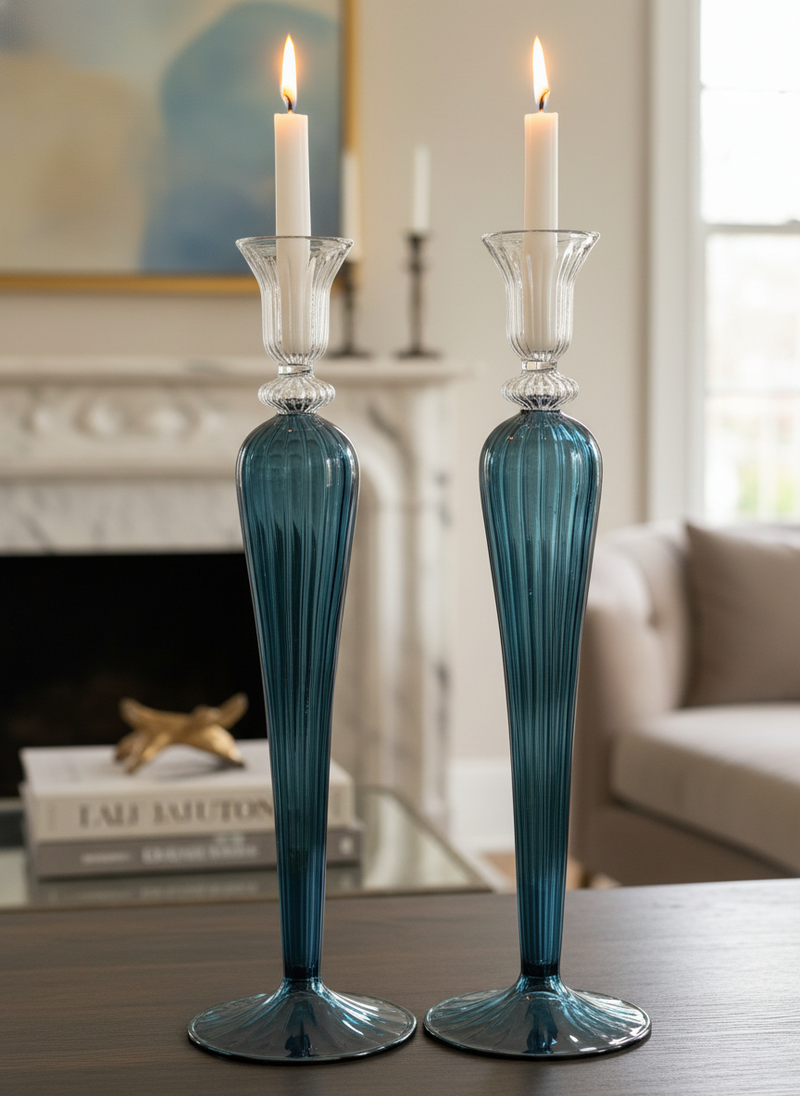 Handblown Elegant Swirl Glass Candle Holder - Set of 2 Clear/Iridescent Blue