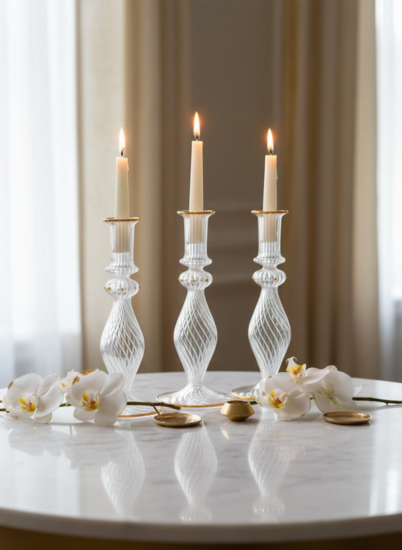 Handblown Sphere/Oval Swirl Candle Stick Holders Clear/Red Liner w/ Dots Design