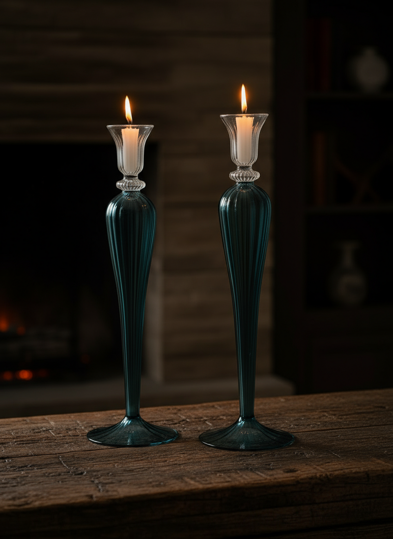 Handblown Elegant Swirl Glass Candle Holder - Set of 2 Clear/Iridescent Blue