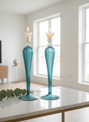 Handblown Elegant Swirl Glass Candle Holder - Set of 2 Clear/Iridescent Blue