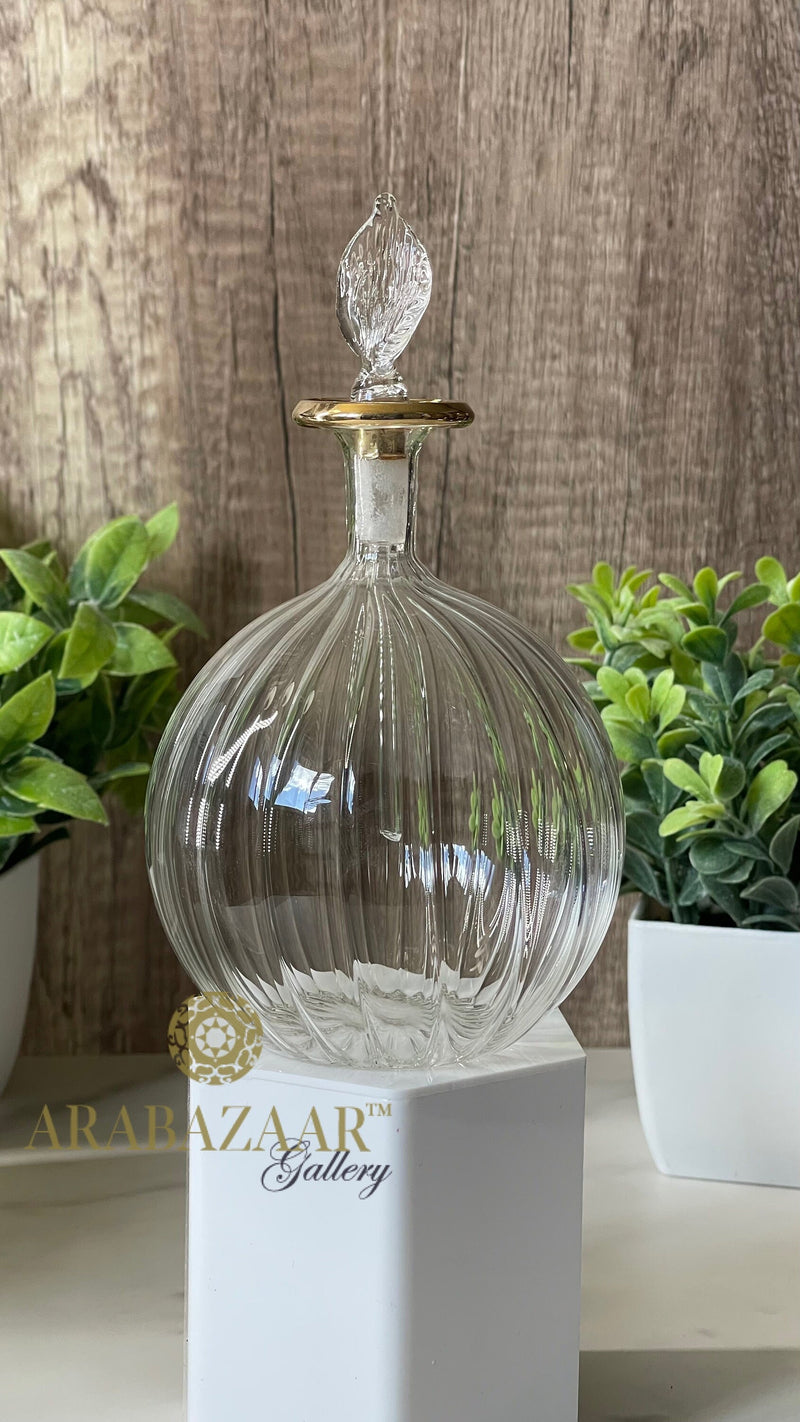 Hand Blown Glass Perfume Bottle: Egyptian Swirl Design, 14K Gold Trim