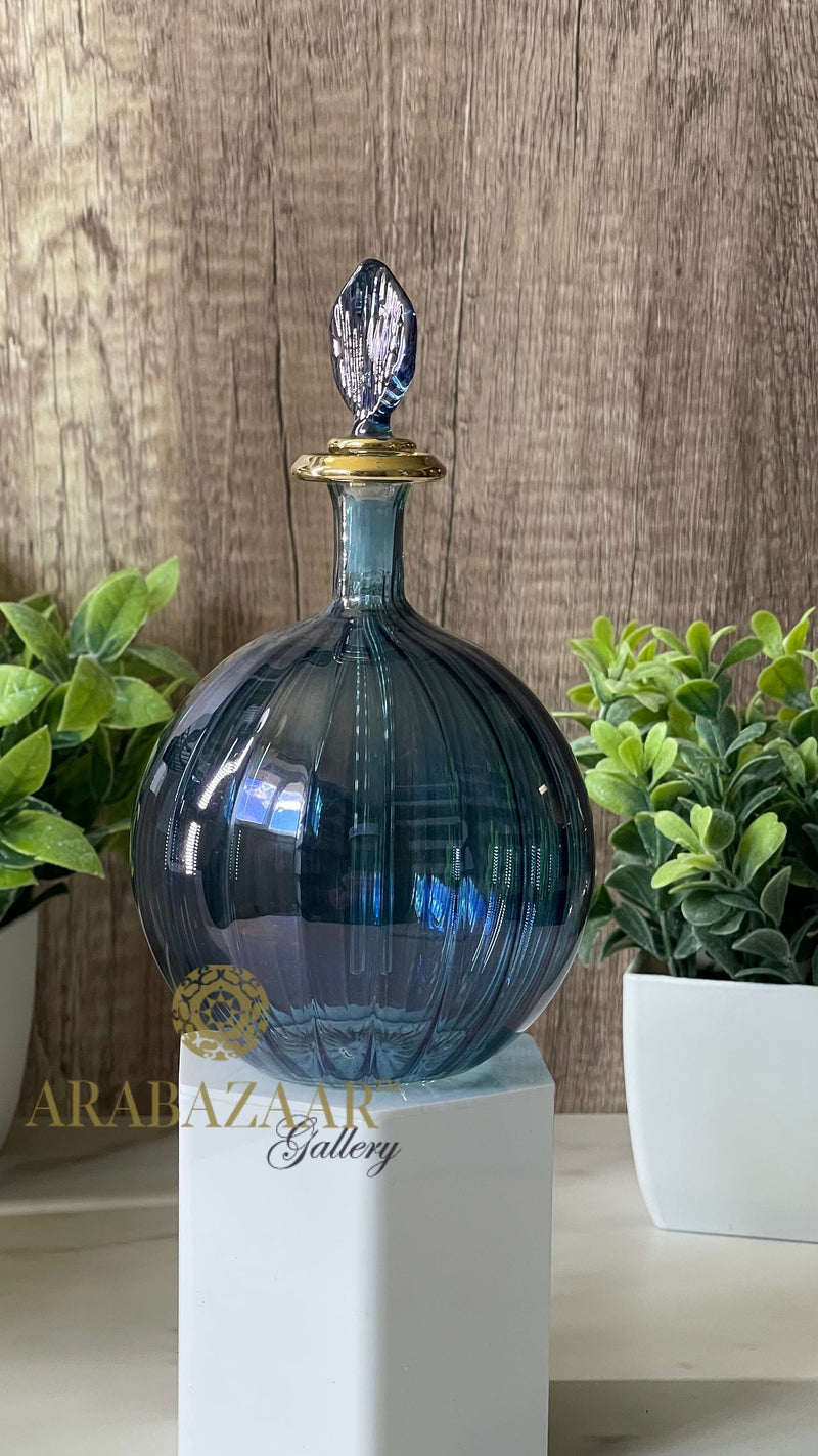 Hand Blown Glass Perfume Bottle: Egyptian Swirl Design, 14K Gold Trim