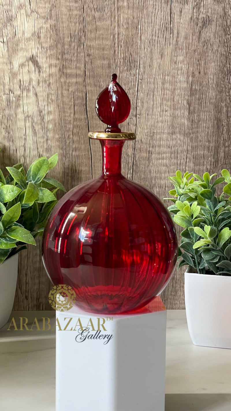 Hand Blown Glass Perfume Bottle: Egyptian Swirl Design, 14K Gold Trim