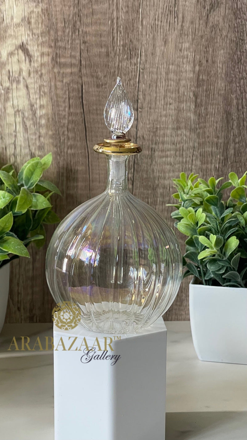 Hand Blown Glass Perfume Bottle: Egyptian Swirl Design, 14K Gold Trim