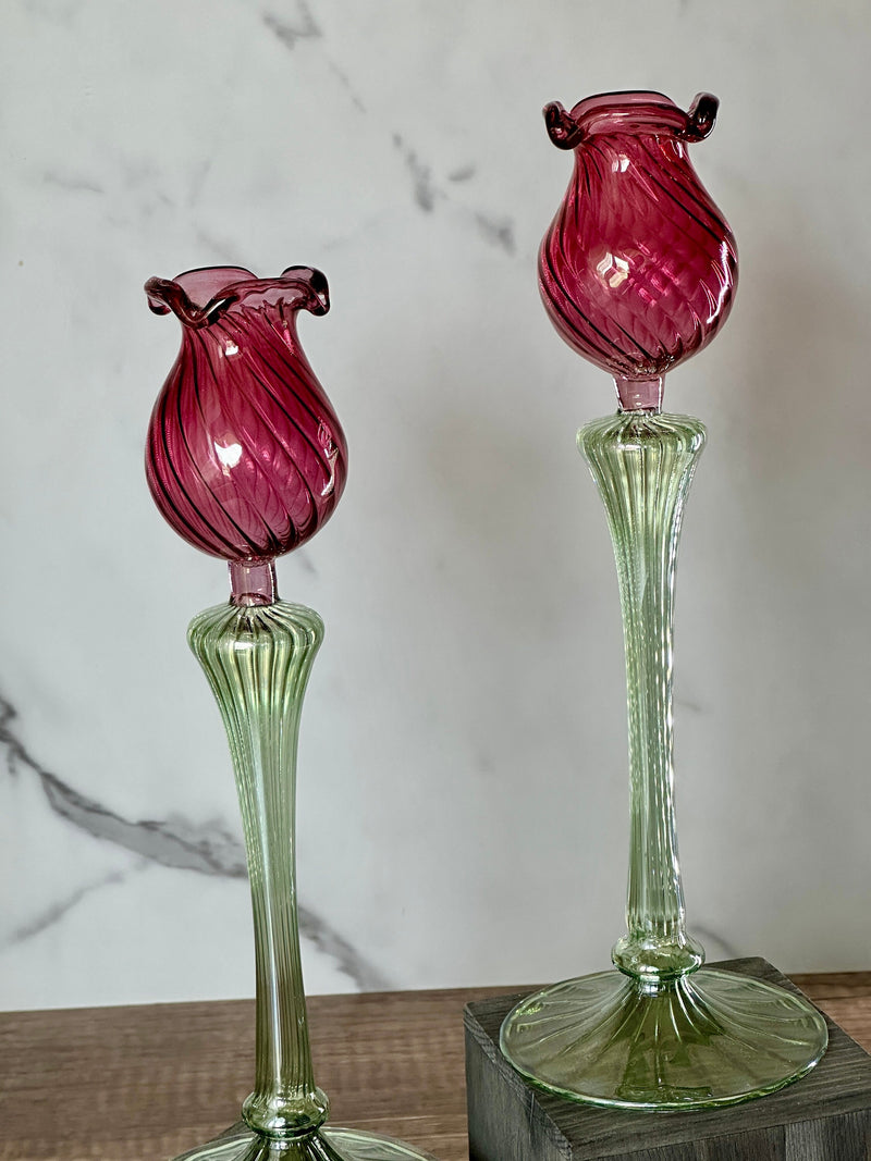 Handblown Ball Shape Tulip Swirl Candle Stick Holders Red/Green Set of 2