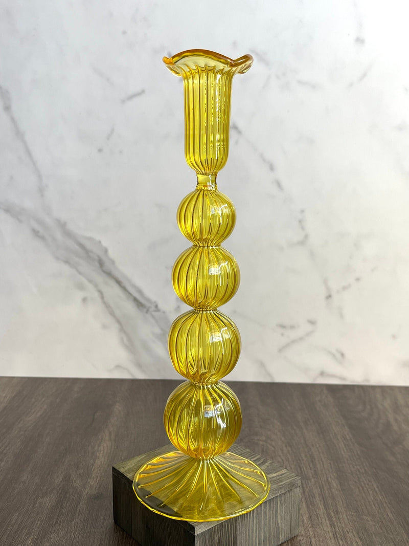 Hand Blown Swirl Glass Candle Holder: Colorful Puffed Design