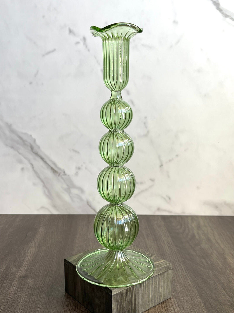 Hand Blown Swirl Glass Candle Holder: Colorful Puffed Design