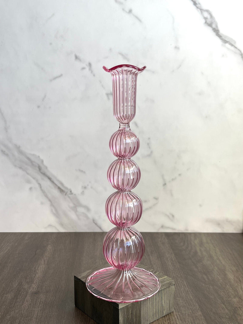Hand Blown Swirl Glass Candle Holder: Colorful Puffed Design