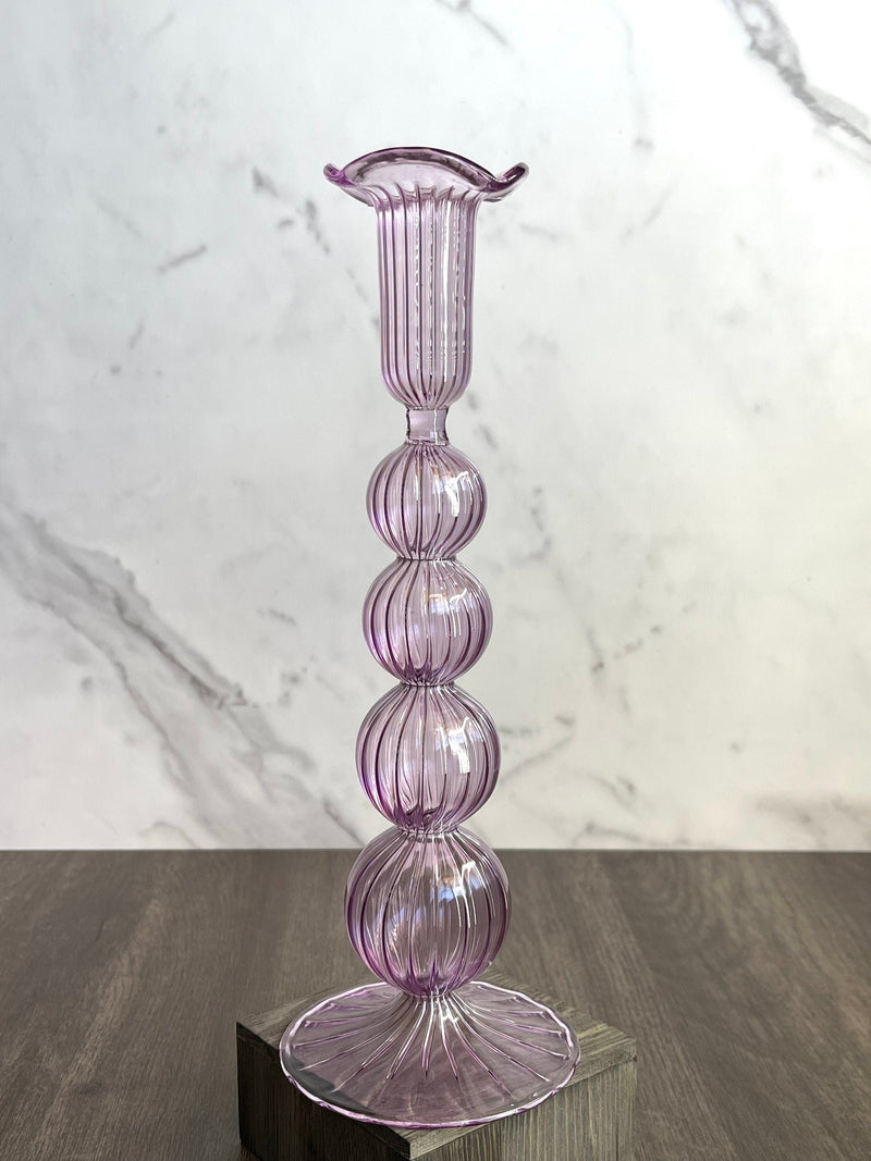 Hand Blown Swirl Glass Candle Holder: Colorful Puffed Design