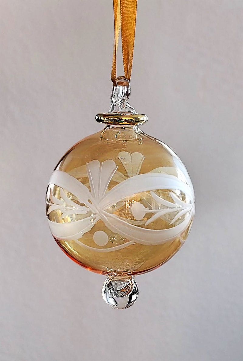 Hand Blown Glass Christmas Ornament: Pastel Globe with Etched Flower