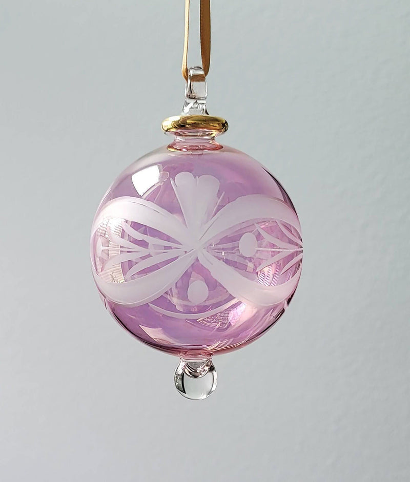 Hand Blown Glass Christmas Ornament: Pastel Globe with Etched Flower