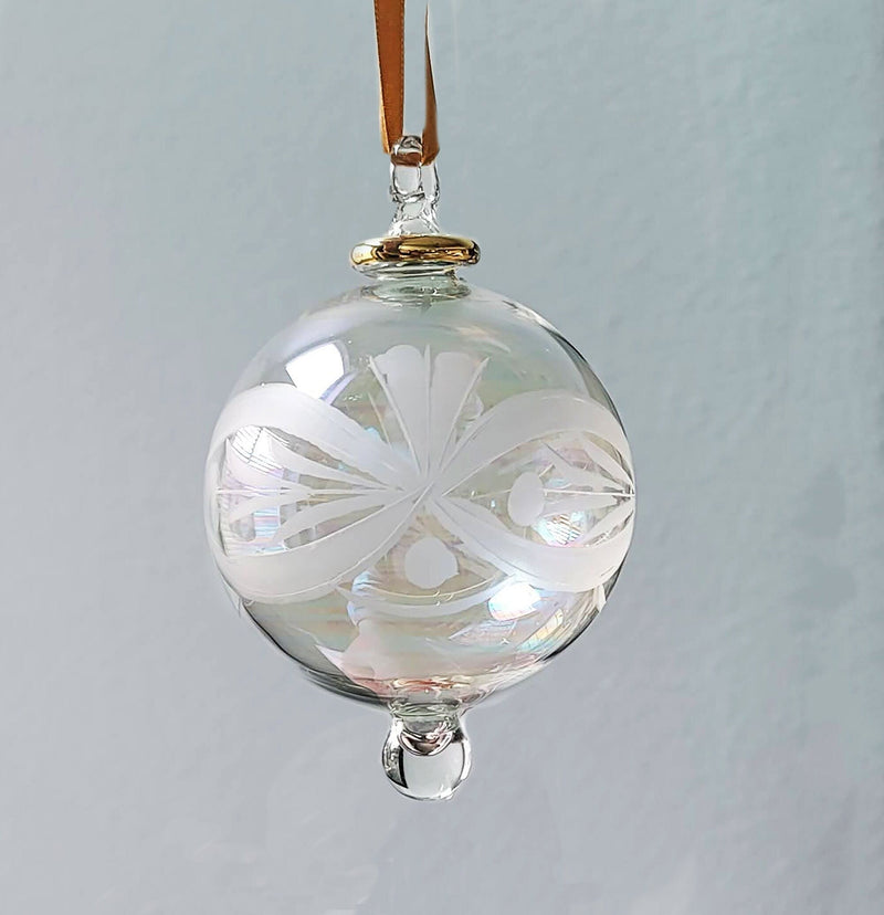 Hand Blown Glass Christmas Ornament: Pastel Globe with Etched Flower
