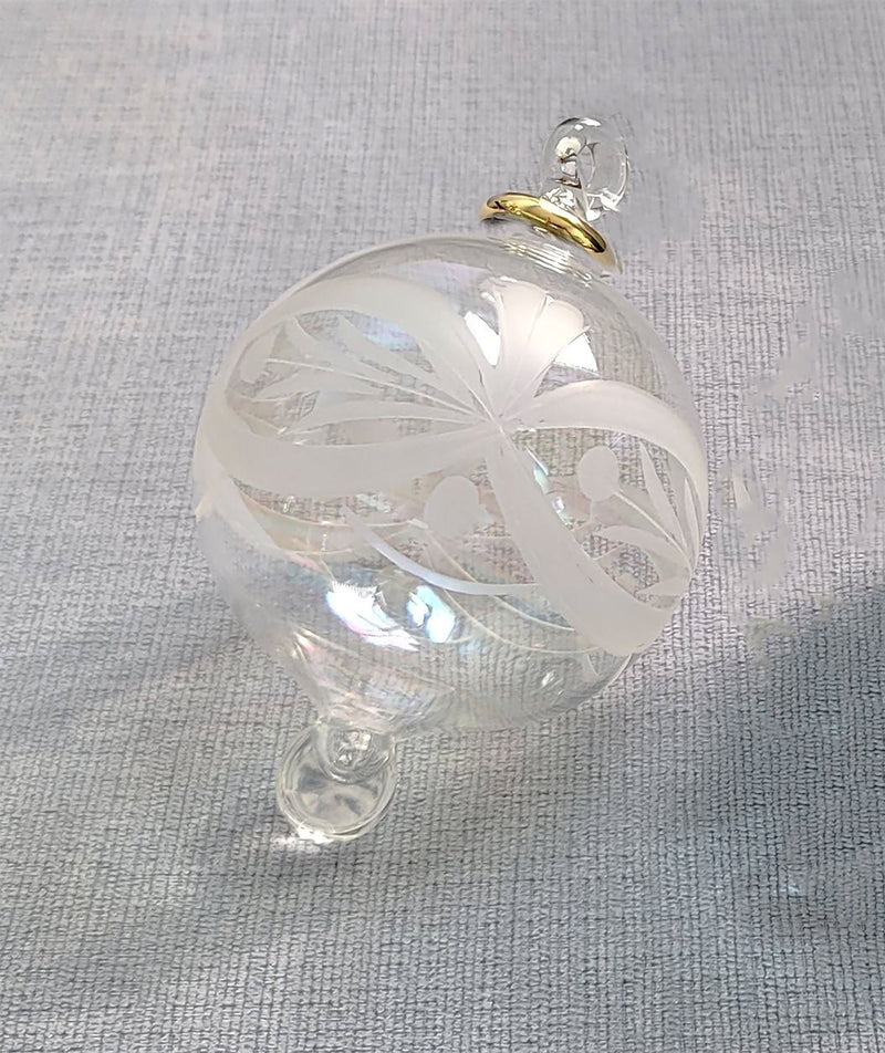 Hand Blown Glass Christmas Ornament: Pastel Globe with Etched Flower