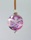 Hand Blown Glass Christmas Ornament: Pastel Globe with Etched Flower
