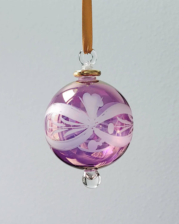 Hand Blown Glass Christmas Ornament: Pastel Globe with Etched Flower