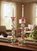 Hand Blown Tall Swirl Bubble Glass Candle Holders | Sculptural Pink and Green Design | Set of Two Elegant Table and Home Decor