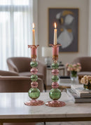 Hand Blown Tall Swirl Bubble Glass Candle Holders | Sculptural Pink and Green Design | Set of Two Elegant Table and Home Decor