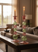 Hand Blown Tall Swirl Bubble Glass Candle Holders | Sculptural Pink and Green Design | Set of Two Elegant Table and Home Decor