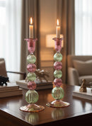 Hand Blown Tall Swirl Bubble Glass Candle Holders | Sculptural Pink and Green Design | Set of Two Elegant Table and Home Decor