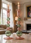 Hand Blown Tall Swirl Bubble Glass Candle Holders | Sculptural Pink and Green Design | Set of Two Elegant Table and Home Decor