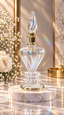 Egyptian Hand Blown Glass Perfume Bottle, Ribbed Diamond Shape, Twisted Teardrop Stopper, Artisan Fragrance Oil Bottle, Vanity Decor