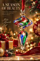Hand Blown Glass Swirl Finial Ornament, Twisted Double Drop Christmas Ornament, Egyptian Artisan Glass, 14K Gold Accents, Holiday Decor