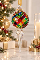 Hand Blown Glass Finial Ornament, Spiral Swirl Globe & Long Icicle Drop, Egyptian Handmade Christmas Ornament, Artisan Tree Decor