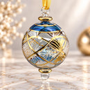Hand Blown Glass Globe Ornament, Etched Diamond Lattice & Floral Design, Egyptian Handmade Christmas Ornament, Artisan Tree Decor