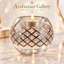 Hand Blown Glass Candle Holder, Crystal Studded Diamond Lattice Design, Egyptian Handmade Tealight Votive, Luxury Wedding Centerpiece