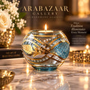 Hand Blown Glass Candle Holder, Egyptian Handmade Tealight Votive, Gold Leaf & Crystal Studded Design, Luxury Wedding Centerpiece