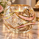 Hand Blown Glass Candle Holder, Egyptian Handmade Tealight Votive, Gold Floral Leaf & Starburst Design, Elegant Wedding Centerpiece