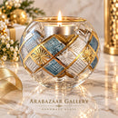 Hand Blown Glass Candle Holder, Egyptian Handmade Tealight Votive, Gold Geometric Diamond & Starburst Design, Wedding Centerpiece
