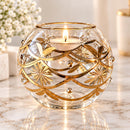Hand Blown Glass Candle Holder, Egyptian Handmade Tealight Votive, Gold Floral Starburst & Swirl Design, Elegant Wedding Centerpiece