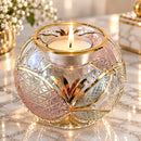 Hand Blown Glass Candle Holder, Egyptian Handmade Tealight Votive, Gold Floral Petal & Geometric Starburst Design, Wedding Centerpiece