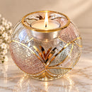 Hand Blown Glass Candle Holder, Egyptian Handmade Tealight Votive, Gold Floral Petal & Geometric Starburst Design, Wedding Centerpiece