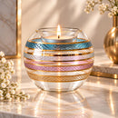 Hand Blown Glass Candle Holder, Egyptian Handmade Tealight Votive, Gold Striped Geometric Lattice Design, Elegant Wedding Centerpiece
