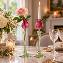 Hand Blown Glass Candle Holder Set, Taper Candle Holders & Bud Vases, Pink Green Glass, Wedding Table Centerpiece, Handmade Home Decor