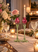 Hand Blown Glass Candle Holder Set, Taper Candle Holders & Bud Vases, Pink Green Glass, Wedding Table Centerpiece, Handmade Home Decor
