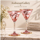 Handmade Pink Martini Glass Set of 2, Floral Etched Cocktail Glasses, Gold Rim Stemware, Elegant Drinkware, Wedding & Anniversary Gift