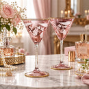 Handmade Pink Martini Glass Set of 2, Floral Etched Cocktail Glasses, Gold Rim Stemware, Elegant Drinkware, Wedding & Anniversary Gift
