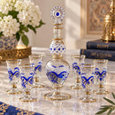 Egyptian Glass Decanter Set with 6 Glasses, Handmade Liquor Carafe Set, Luxury Barware Gift, Blue Gold Glass Drink-ware