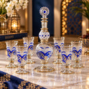 Egyptian Glass Decanter Set with 6 Glasses, Handmade Liquor Carafe Set, Luxury Barware Gift, Blue Gold Glass Drink-ware