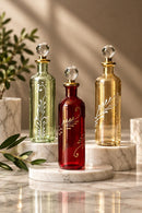 Egyptian Hand Blown Glass Perfume Bottle, Tall Cylinder Bottle with Floral Vine Design, Round Stopper, Fragrance Oil Bottle, Vanity Decor
