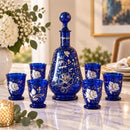 Egyptian Hand Blown Glass Decanter Set with 6 Cups, Hand Painted Cobalt Blue Glassware, Gold Floral Drinkware Set, Luxury Home Decor Gift
